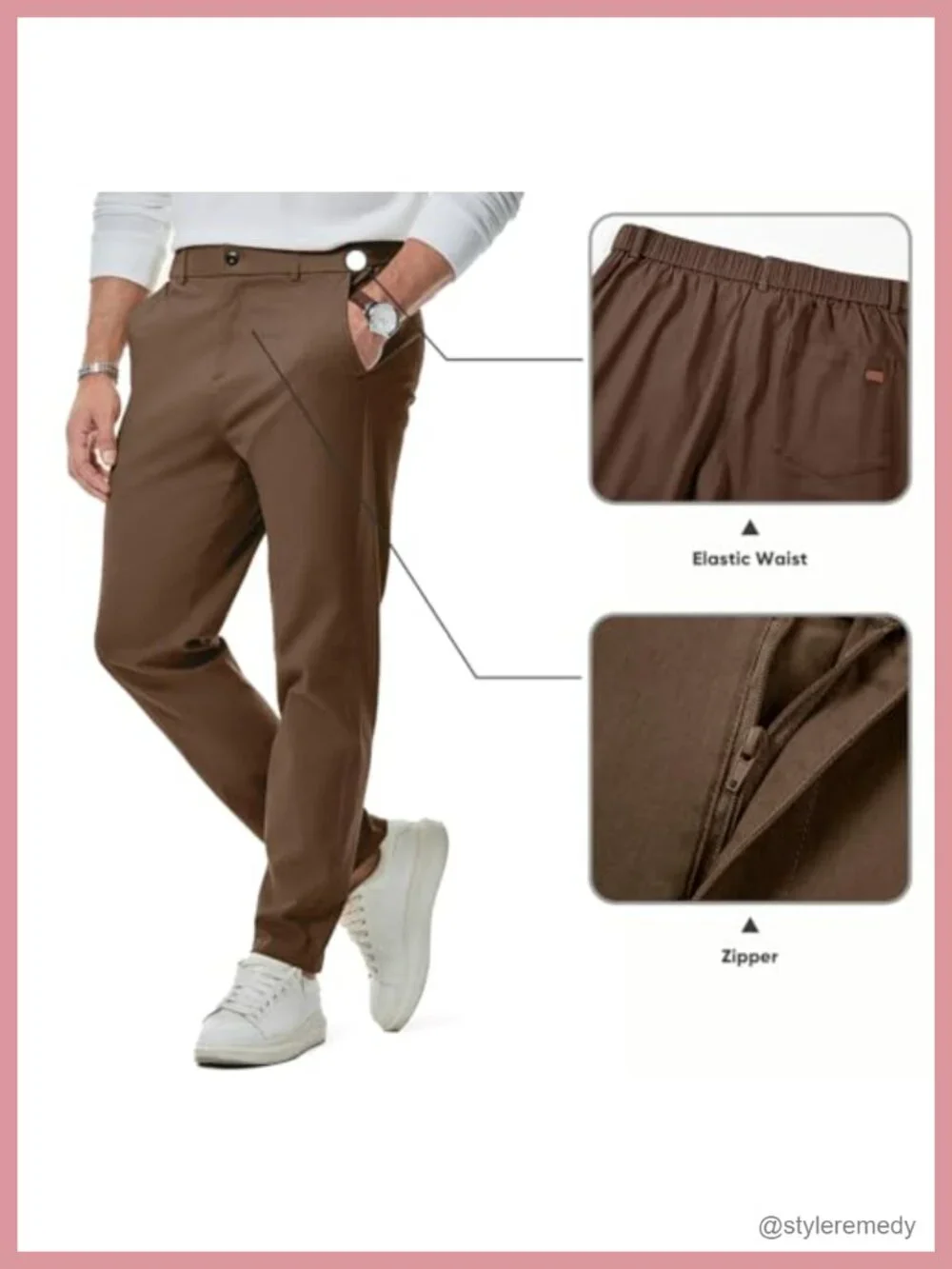 Men's Chino Pants Elastic Waist Tapered Golf Trousers Cotton Stretch